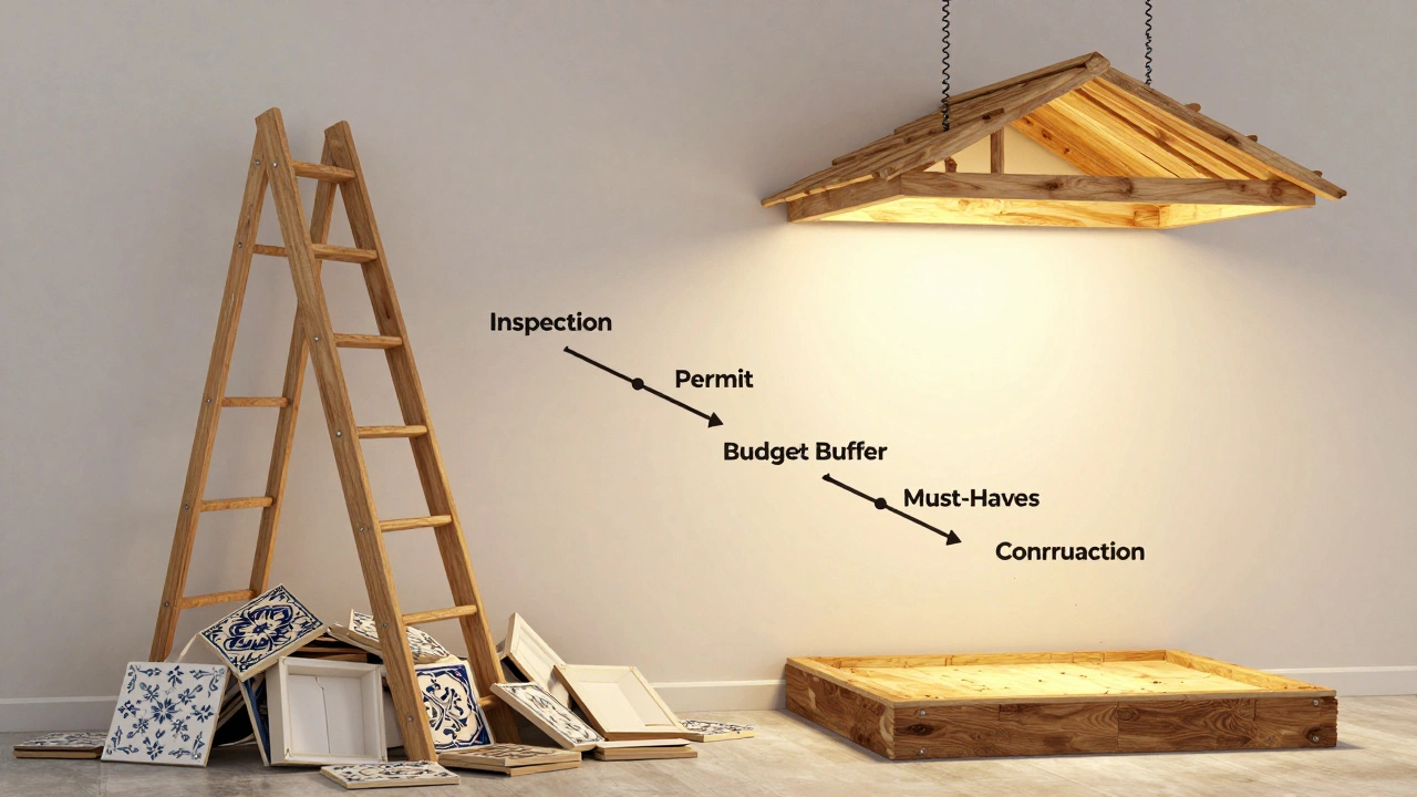 Ladder with renovation steps leading to a strong foundation, decorative items discarded below.