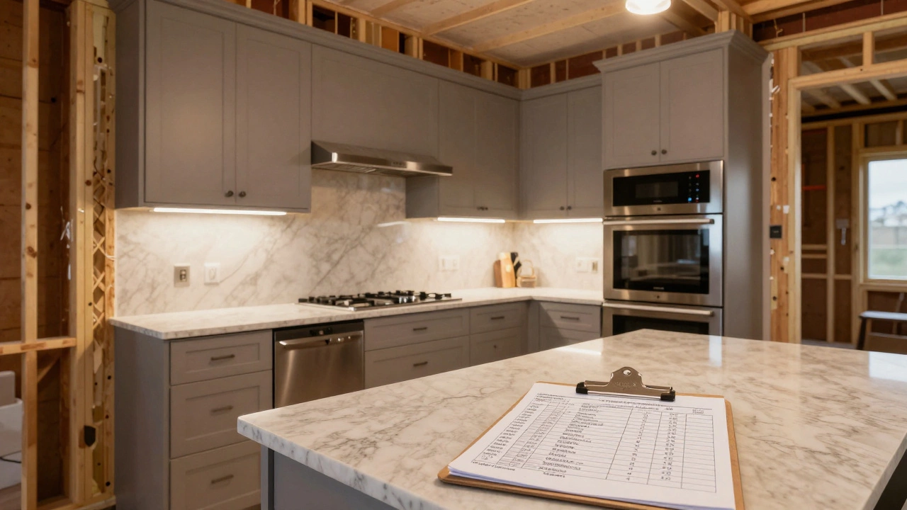 Luxury kitchen under construction with upgrades visible on a builder's cost breakdown sheet.