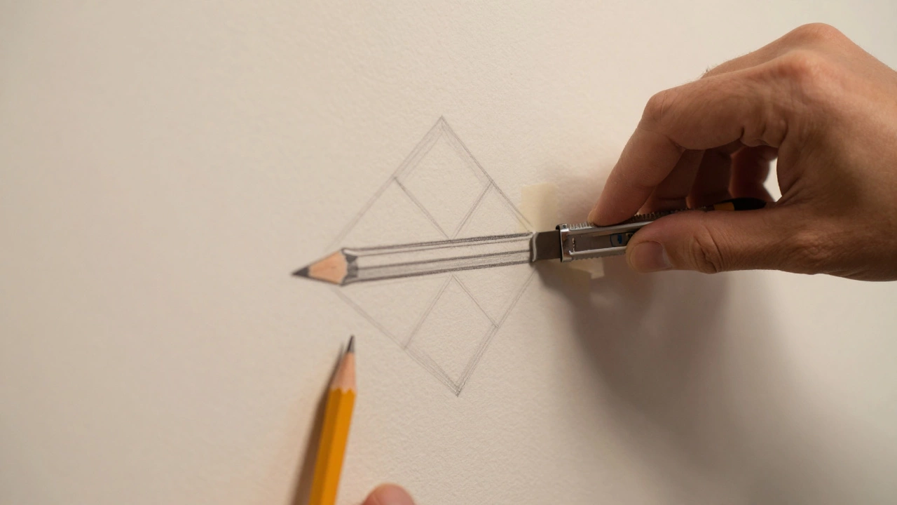 Painter's tape pressed firmly along a pencil-drawn diamond pattern.