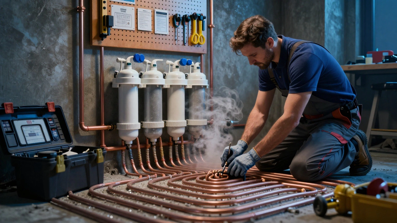 Plumber repairing radiant heating system in a basement with copper pipes.