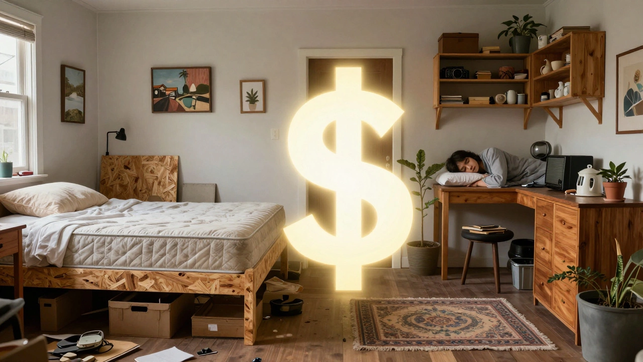 Split-screen contrast: cluttered cheap furniture vs. thoughtful, lasting pieces in a peaceful bedroom.