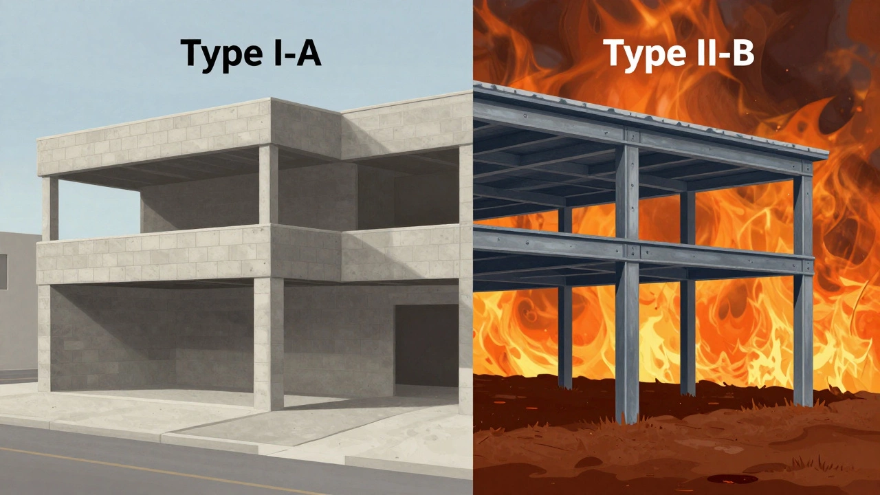 Split visual comparing fire-resistant Type I-A construction with unprotected Type II-B materials.