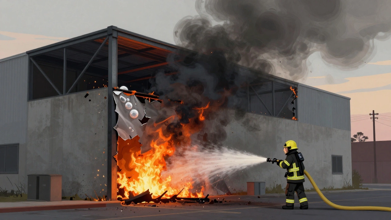 Steel beam losing fireproofing while concrete remains intact under fire.
