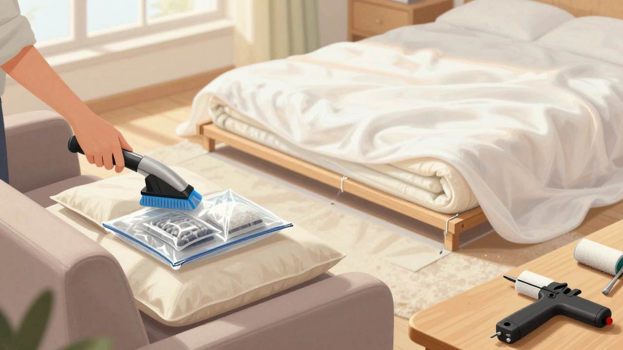 Step-by-step process of sealing a couch: vacuuming cushions, wrapping frame, and applying a protective cover.