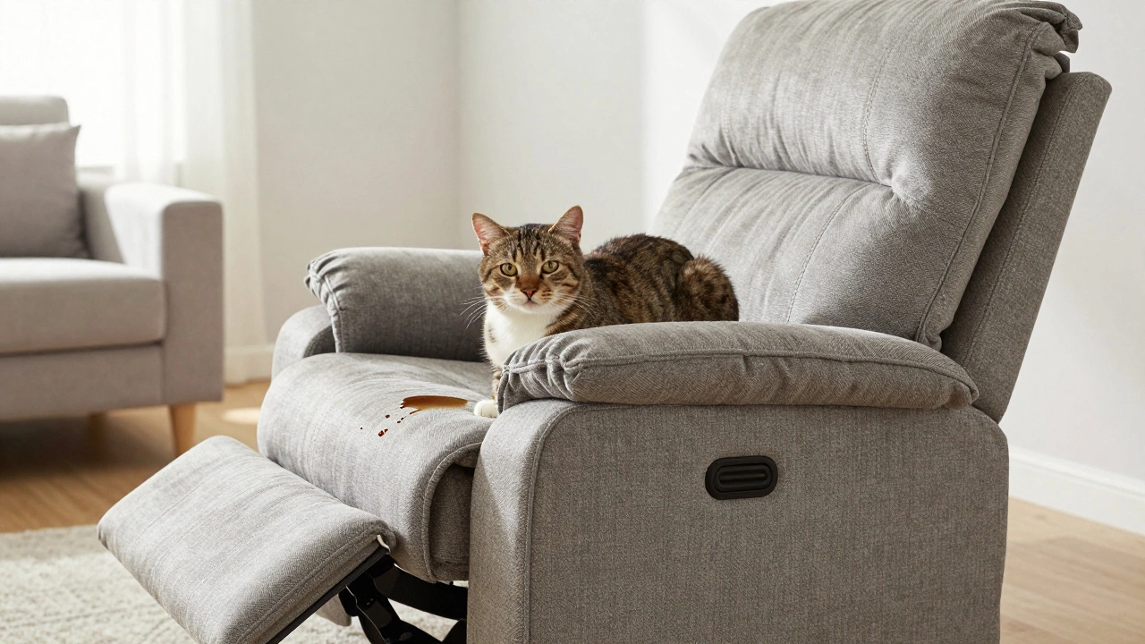 A Catnapper recliner with pet-friendly fabric, a cat resting on the armrest, and a beading coffee stain.