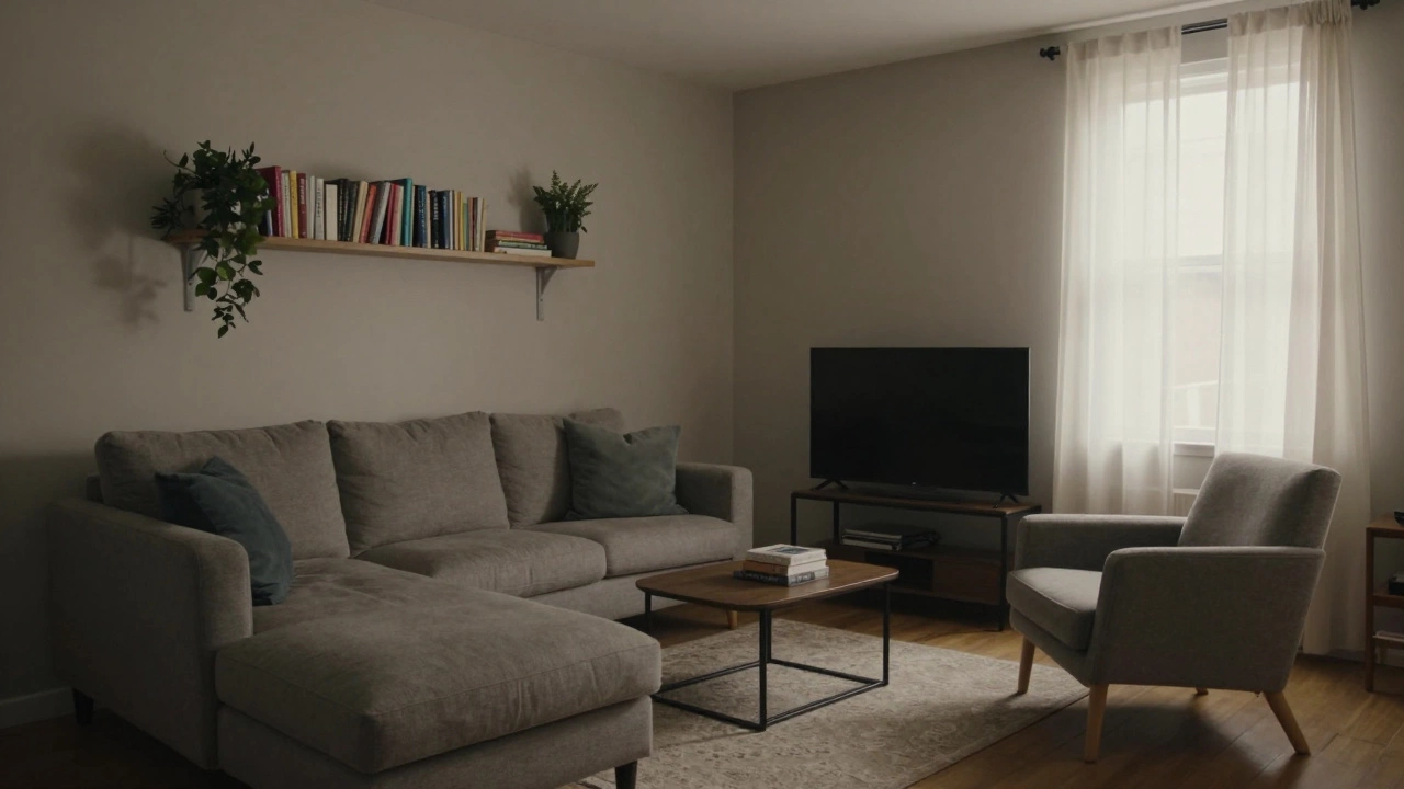 A compact corner sofa in a small living room facing a TV, with a wall shelf above and a single armchair for balance.