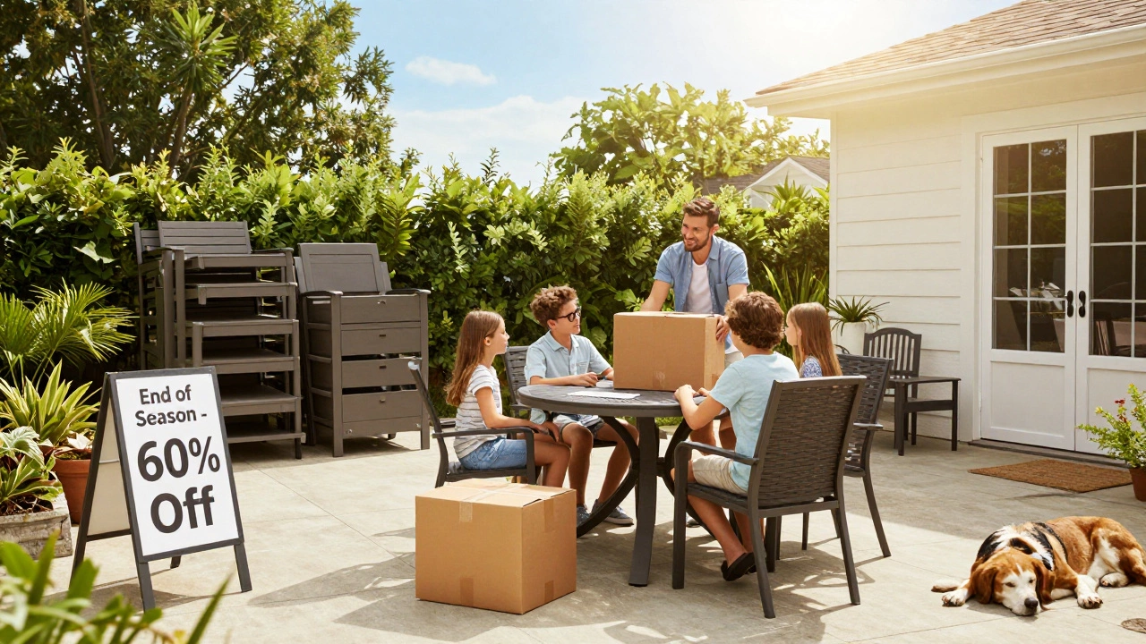 A family assembling outdoor furniture on a patio during summer clearance, with signs showing 60% off discounts.