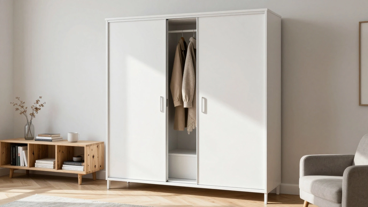 A modern white armoire with sliding doors in a minimalist French living room, styled with books and a chair.