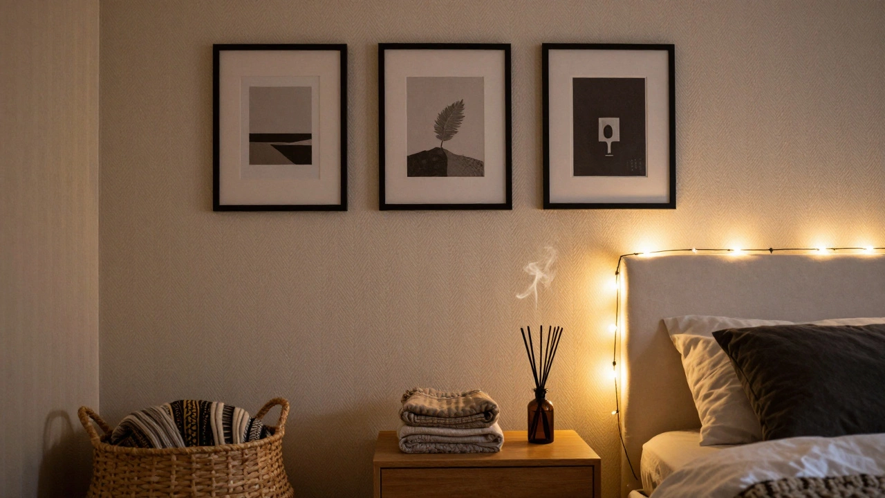 A rented bedroom with removable wallpaper, warm string lights, and a gallery wall of black-framed art.
