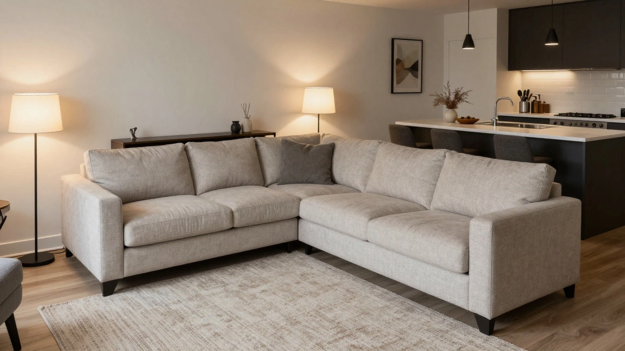 An open-concept living area with a corner sofa diagonally placed across from a kitchen island, defined by a large rug and floor lamps.