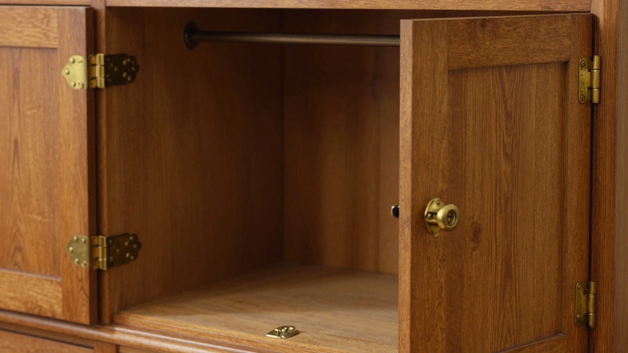 Close-up of an antique armoire's brass hinges and wood joints, showcasing traditional craftsmanship.