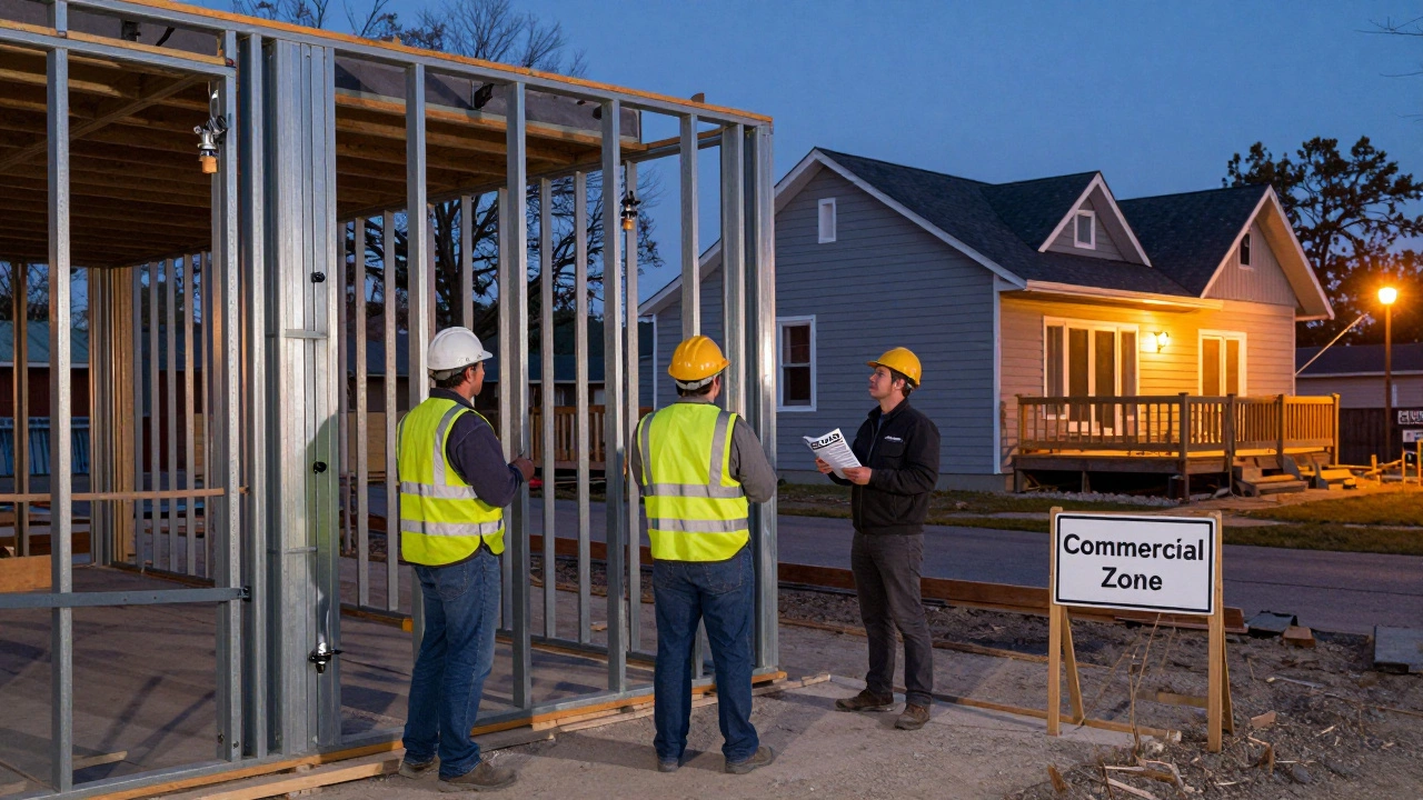Construction workers inspecting fire-rated materials in a commercial building under inspection, with a residential home visible nearby.