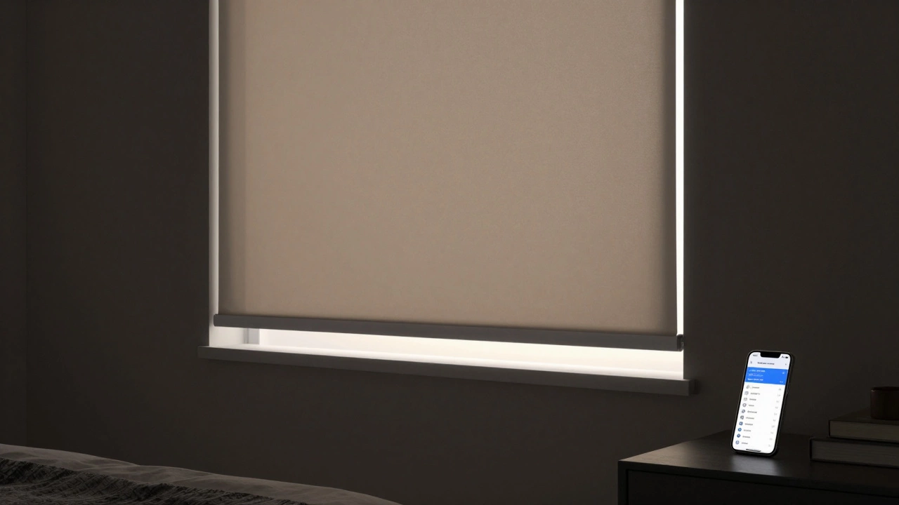 Flush-mounted blackout shade in a bedroom automatically adjusting to block early morning light.