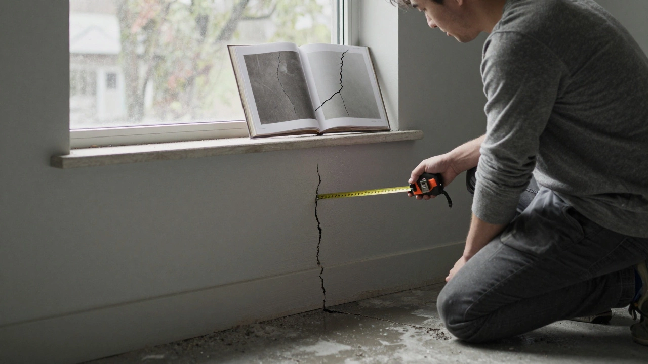 Homeowner measuring a widening foundation crack in a dim basement, with a photo album showing past damage.