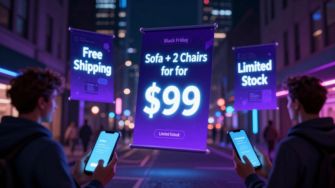 Online Black Friday furniture deals glowing on digital banners above a city street at night, with shoppers using phones.