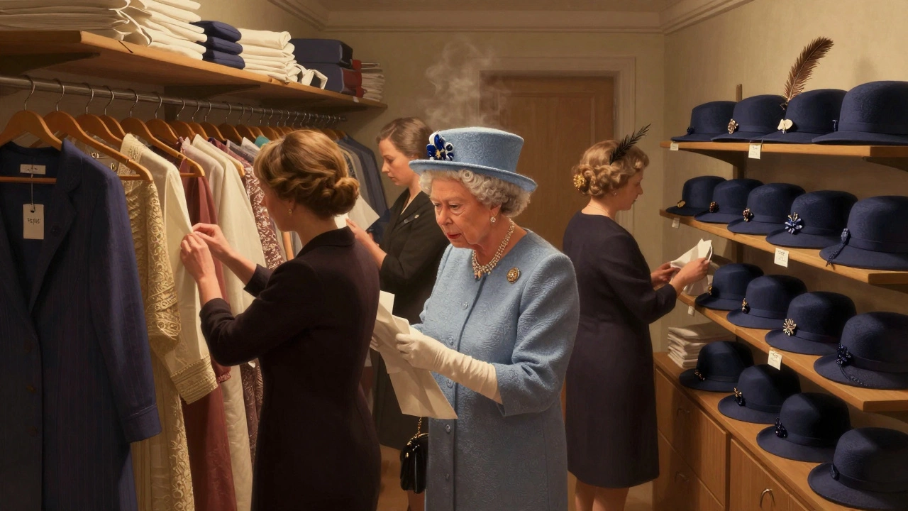 Royal wardrobe staff carefully cataloging and preserving historic garments in a climate-controlled archive.