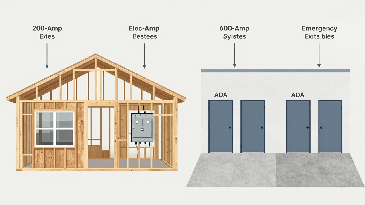 Side-by-side comparison of residential and commercial construction features, highlighting differences in materials, electrical systems, and safety requirements.