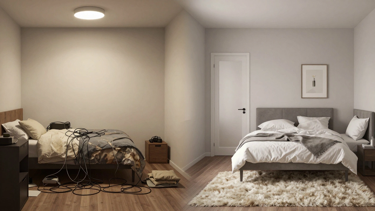 Split image showing a cluttered room transformed into a serene space with layered textiles and soft lighting.