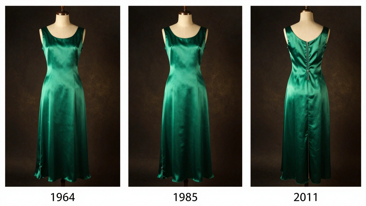 Three iterations of the same emerald gown worn across five decades, showing careful alterations.