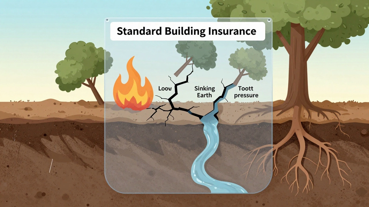 Transparent house foundation showing soil expansion, tree roots, and water damage beneath a shield labeled 'Standard Insurance'.