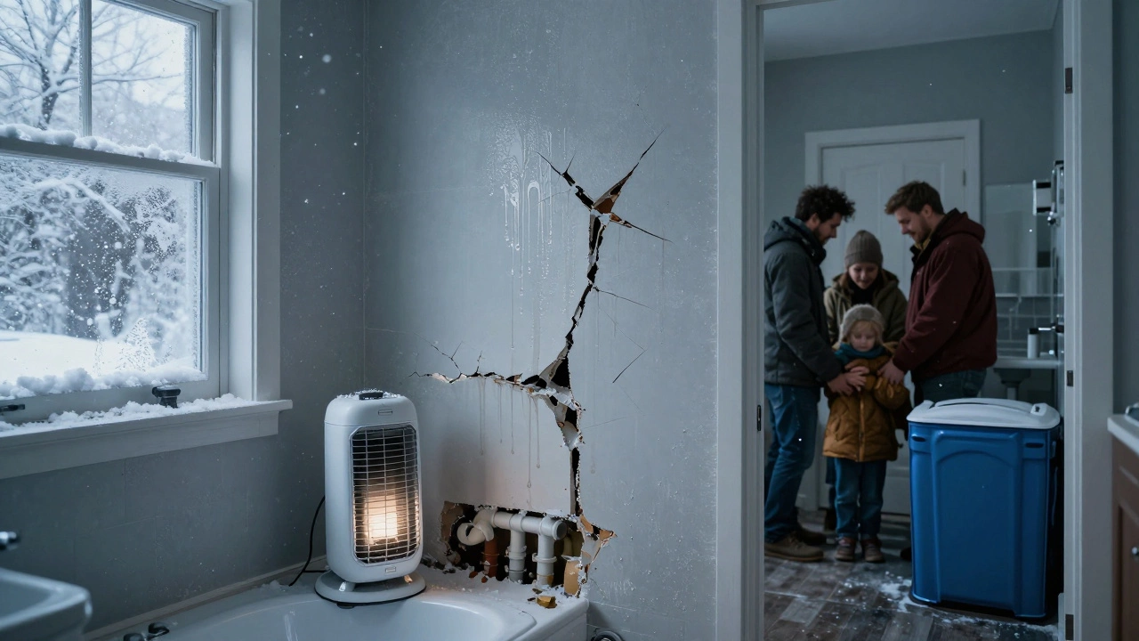 Winter bathroom renovation with frozen pipes, dripping walls, and a family using a portable toilet due to lack of heat.