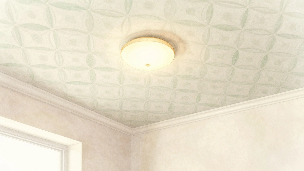 A bedroom ceiling with a subtle geometric wallpaper pattern, adding depth under warm lighting.