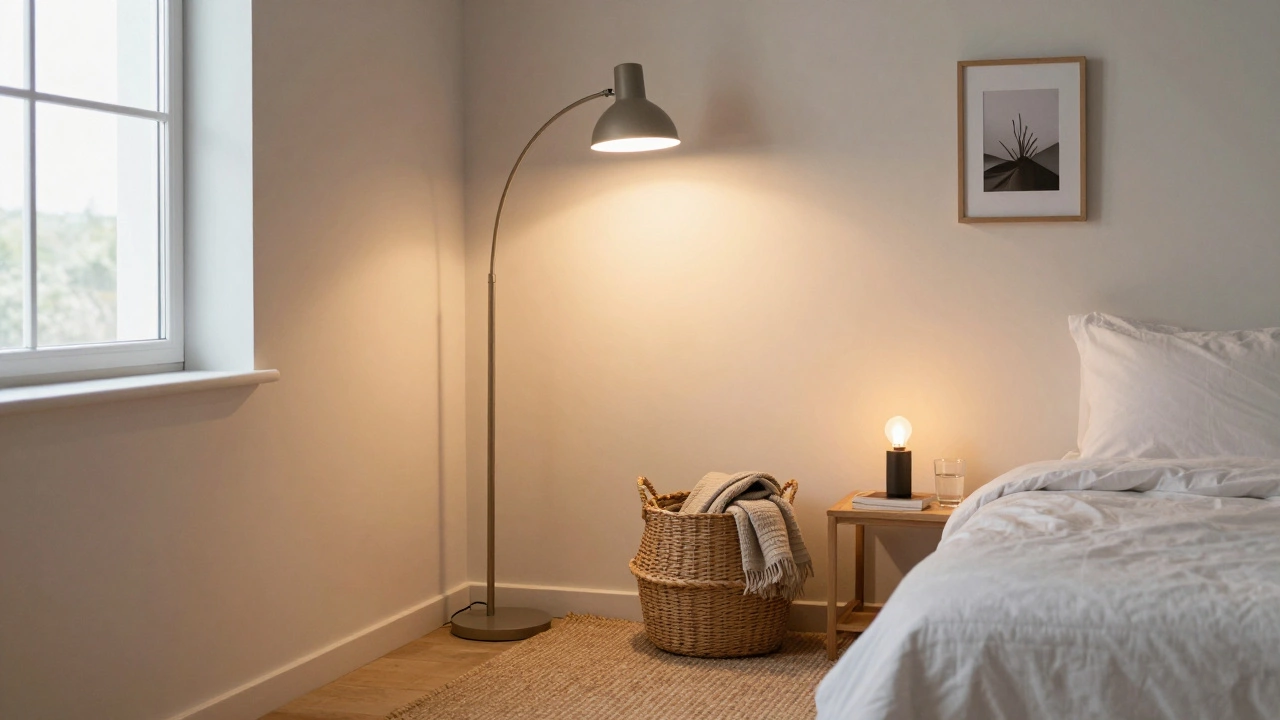 A bedroom corner with layered lighting, a jute rug, and minimal decor — calm, clutter-free, and inviting.