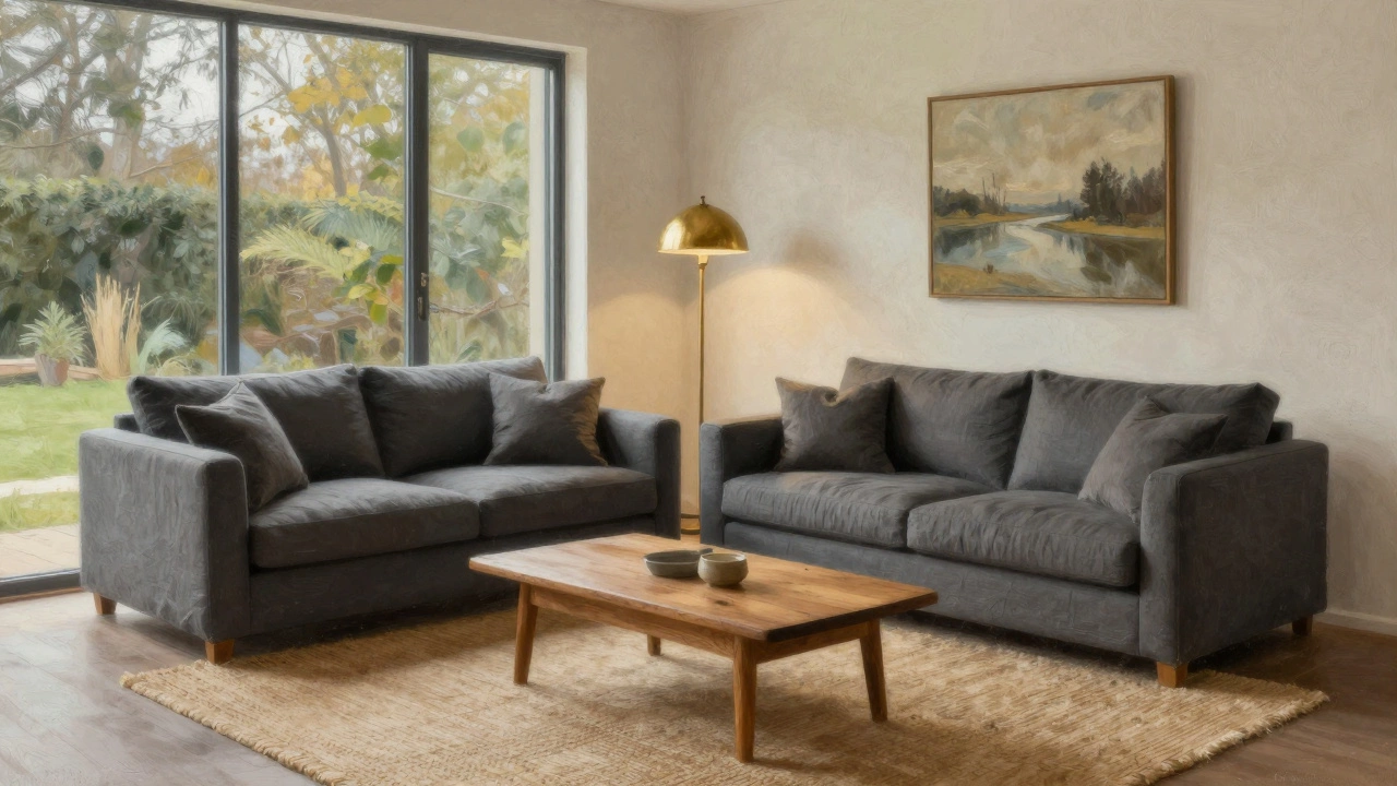 A living room blending modern farmhouse and Japandi styles with textured plaster walls, linen sofa, and warm brass lighting overlooking a garden.