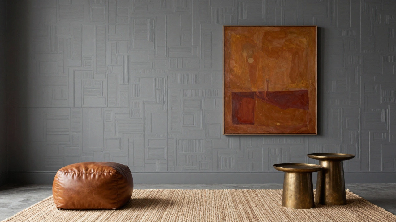 A modern living room featuring textured charcoal wallpaper, a jute rug, and brass lighting in muted tones.