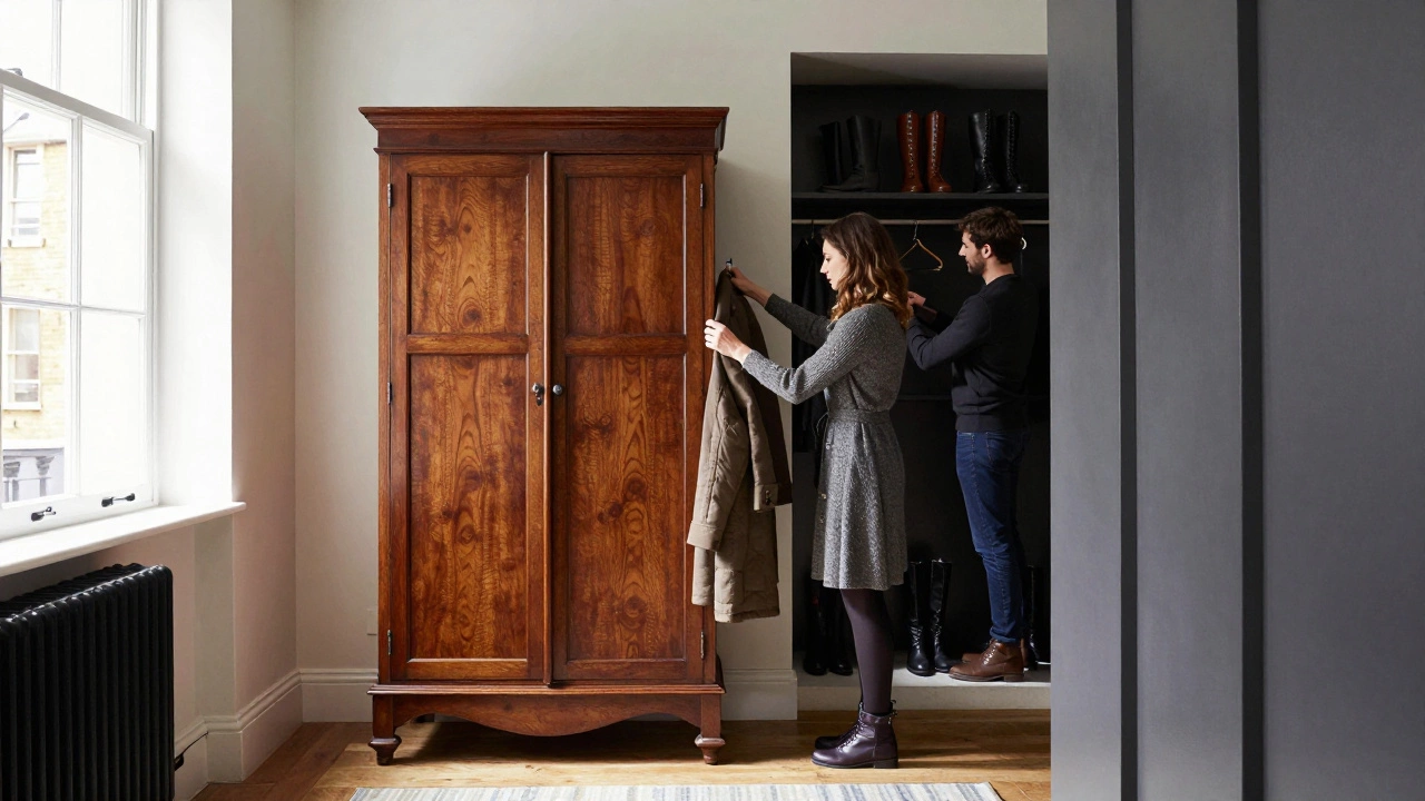 A modern London home blends a vintage armoire with a built-in closet, showcasing the evolution of storage design.