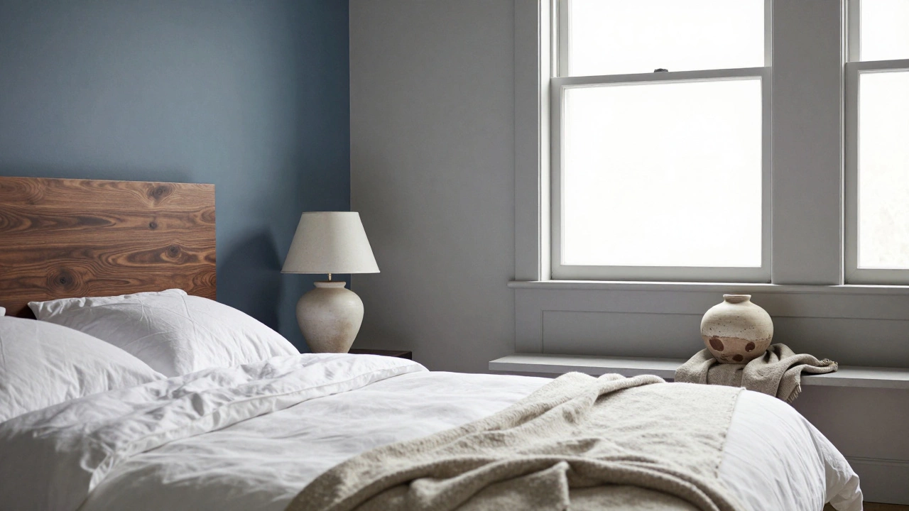 A serene bedroom with dark walnut headboard, dusty blue accent wall, and handmade pottery lamp, illuminated by soft morning light.