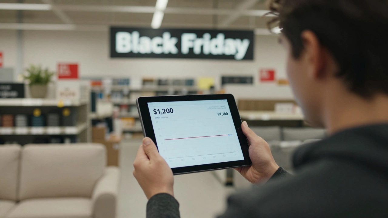 A shopper examining a price history graph on a tablet in a furniture store with clearance items in background