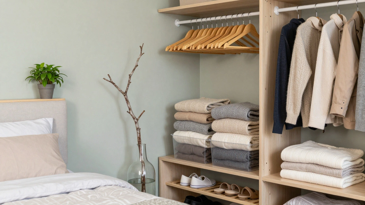 An organized closet with uniform hangers and stacked bins, a branch in a vase, and soft sage walls creating serenity.