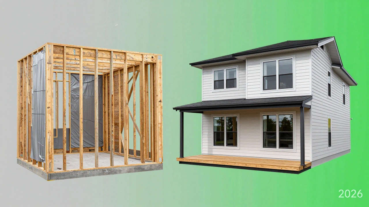 Comparison of outdated 2015 construction versus modern 2026 materials with sustainable building elements.