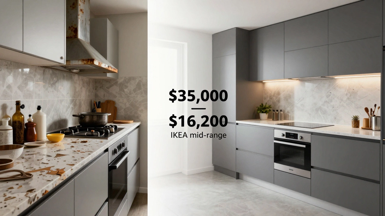 Contrast between an outdated kitchen and a modern IKEA kitchen, showing cost savings through visual transformation without text or labels.