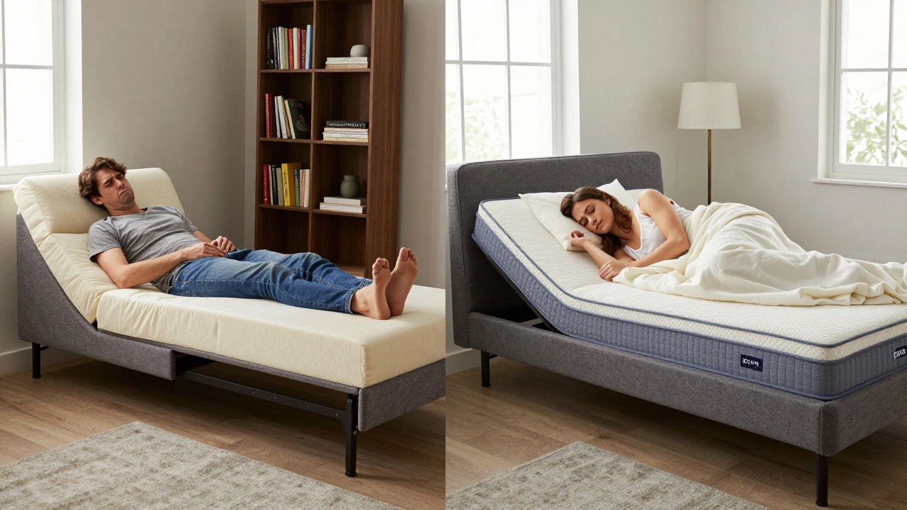 Contrasting old and new sofa beds: one causing discomfort, the other supporting restful sleep in the same room.