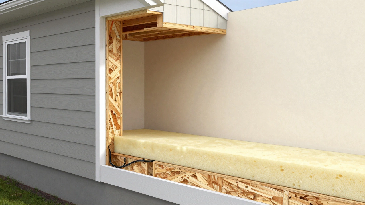 Cross-section of a 2026 home wall showing spray foam insulation, SIPs, and air-tight construction layers.