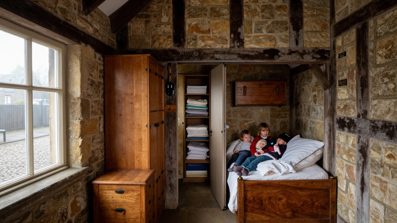 Cross-section of a Victorian house showing thick walls with freestanding wardrobes and a narrow linen closet, no recessed storage.