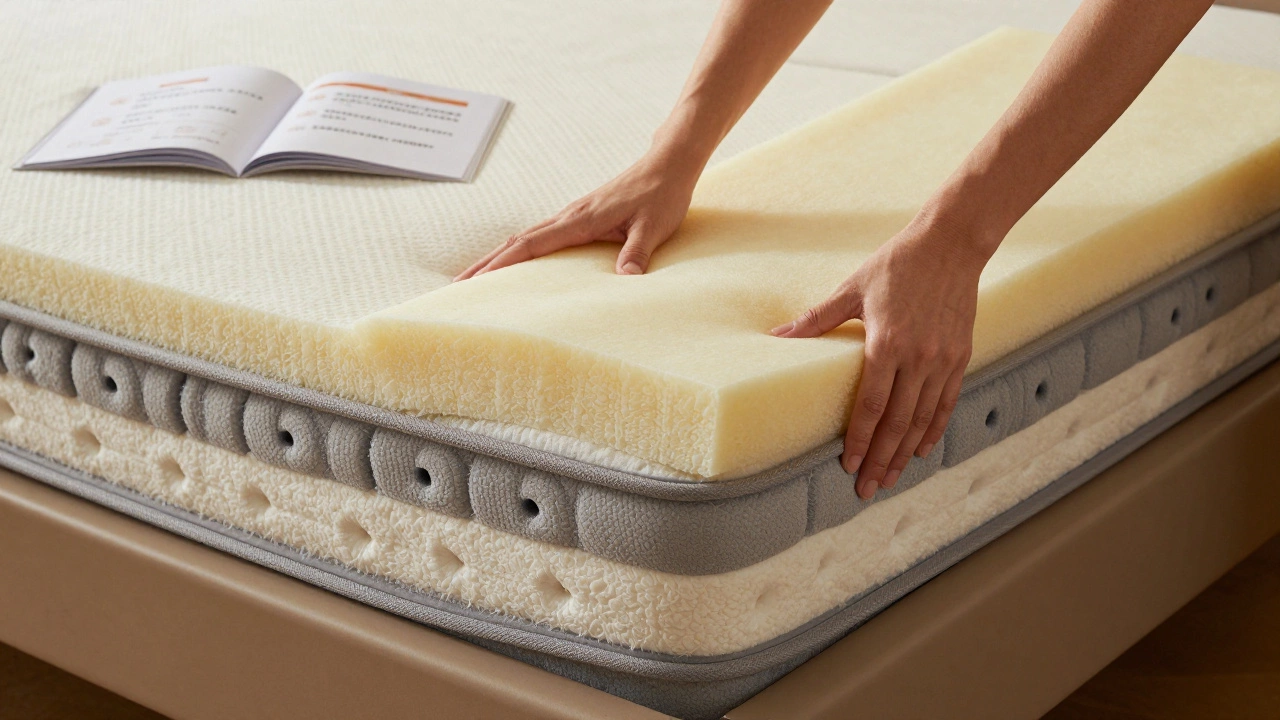 Hands rotating a high-quality sofa bed mattress, showing layered construction and a memory foam topper being added.