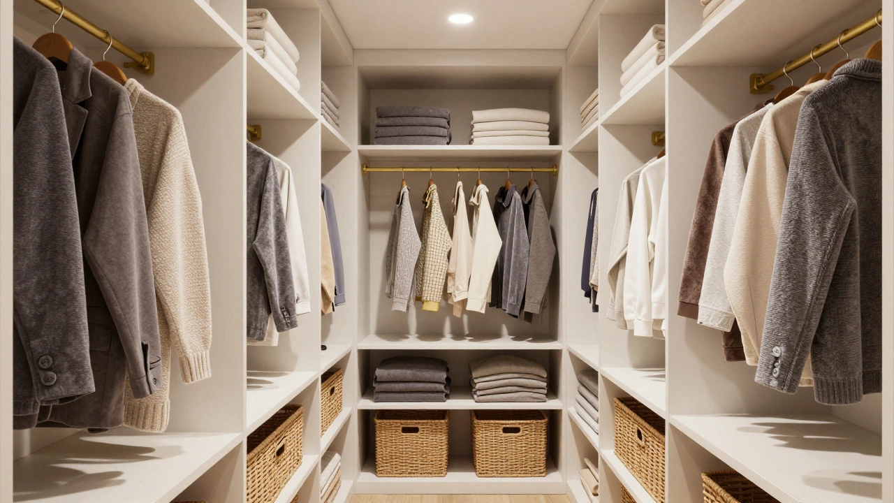 Interior of walk-in closet with velvet hangers and LED lighting strips.