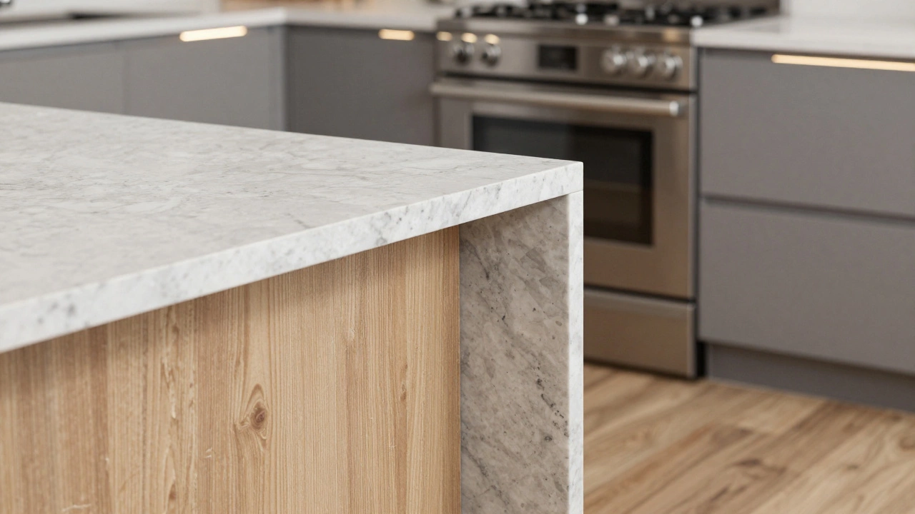 Kitchen countertop samples comparing standard and premium