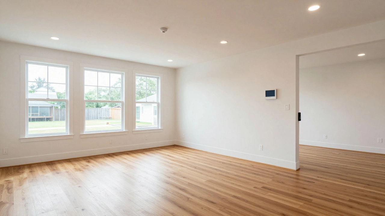 Modern living room with smart thermostat and smoke alarm