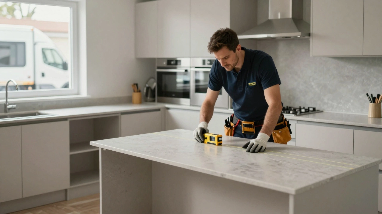 Professional installer using a laser level to align a quartz countertop in a fully assembled IKEA kitchen with appliances in place.