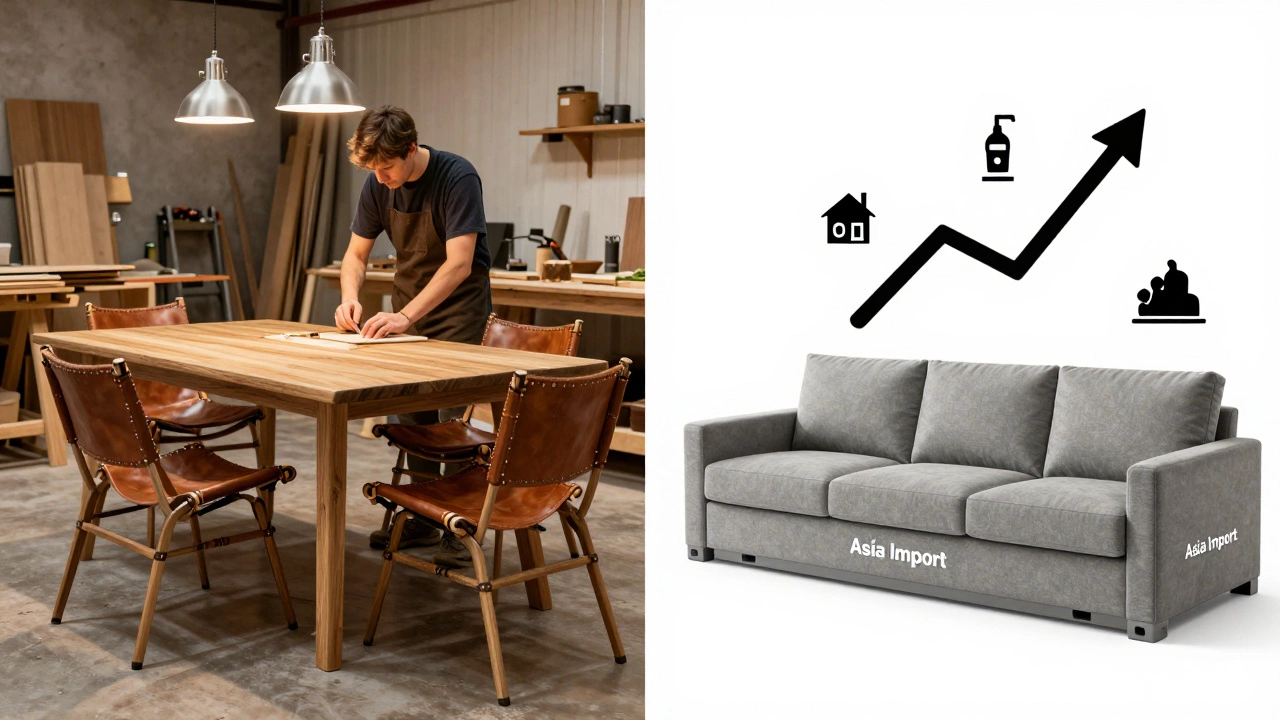Side-by-side comparison of a handcrafted solid oak dining set and a mass-produced imported sofa with cost icons