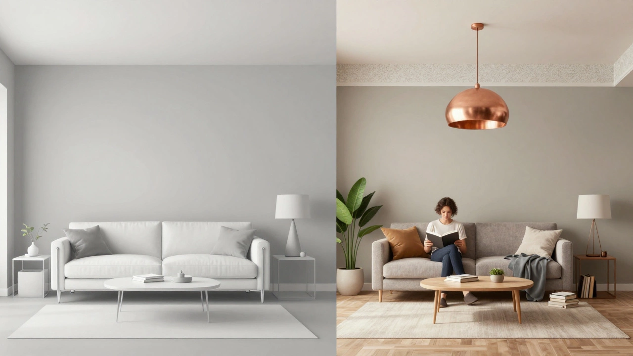 Split visual: sterile grey room on left, updated warm layered space on right with wallpaper and textiles.