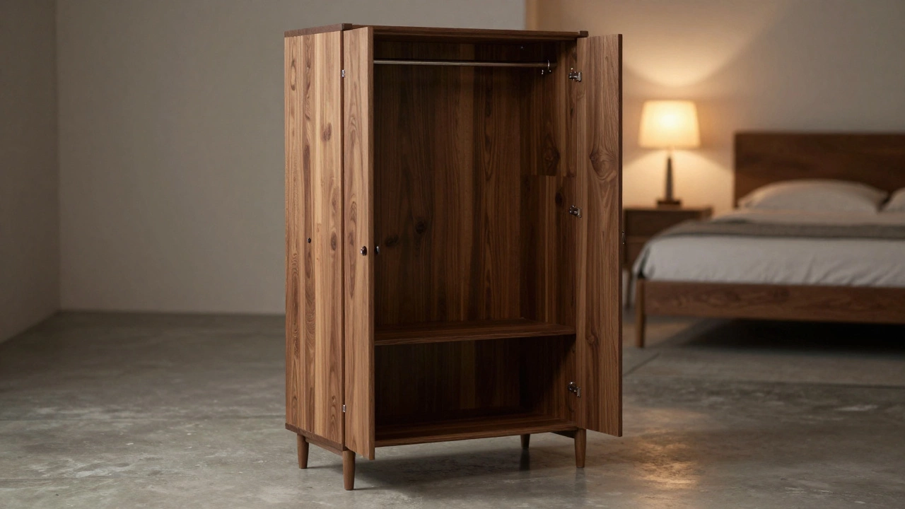 Tall wooden freestanding wardrobe with open doors in a dimly lit room.