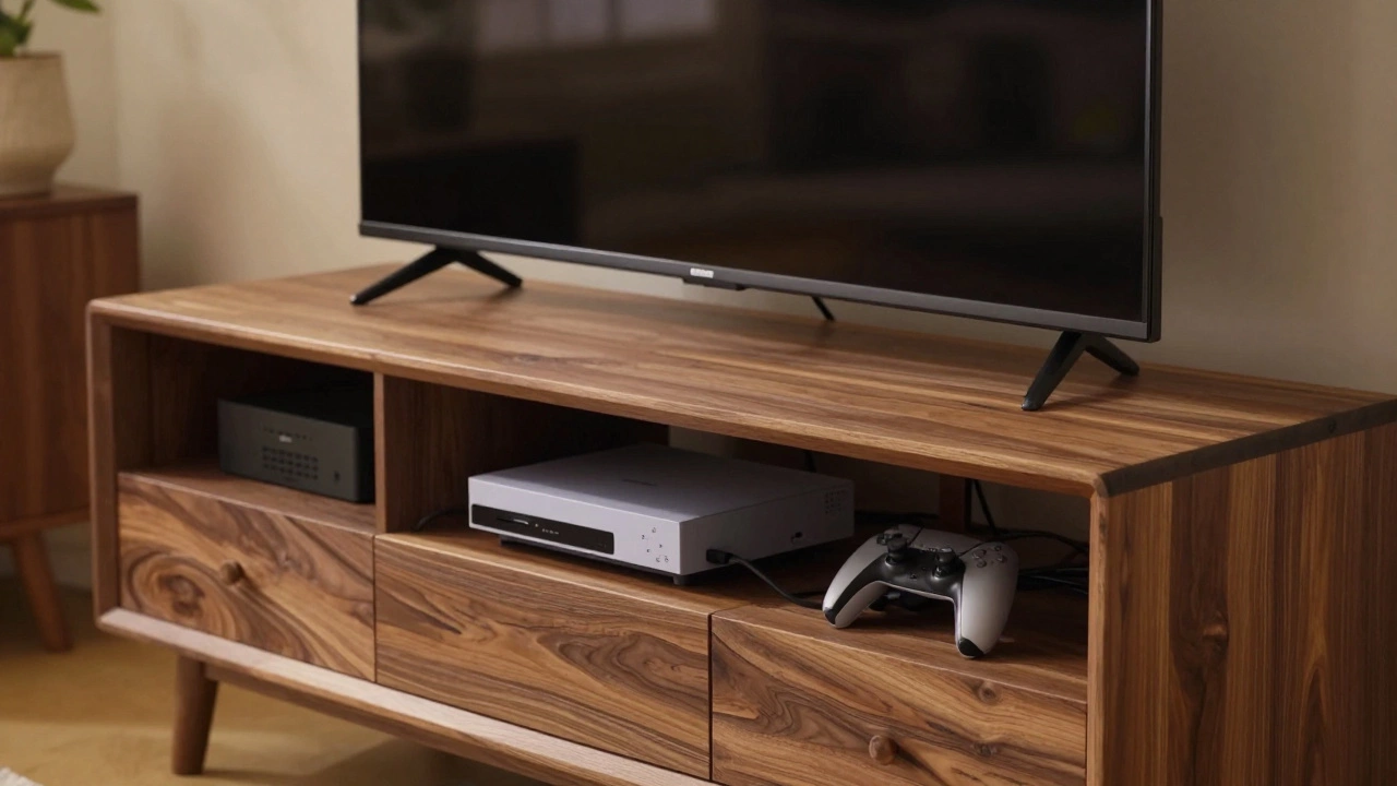 TV on a wooden media console with storage