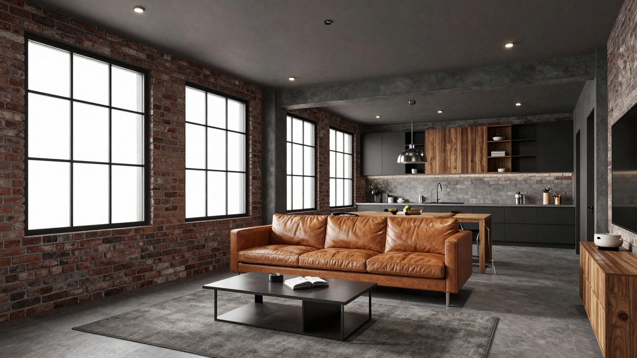 3D render of an industrial style apartment with leather sofa and brick walls