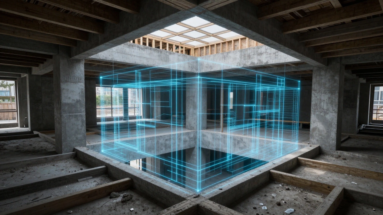 A construction site with holographic architectural grids superimposed over the structural beams.