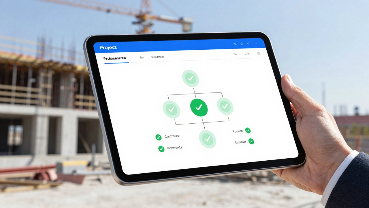 A digital project management app on a tablet showing verified contractor statuses on a site.